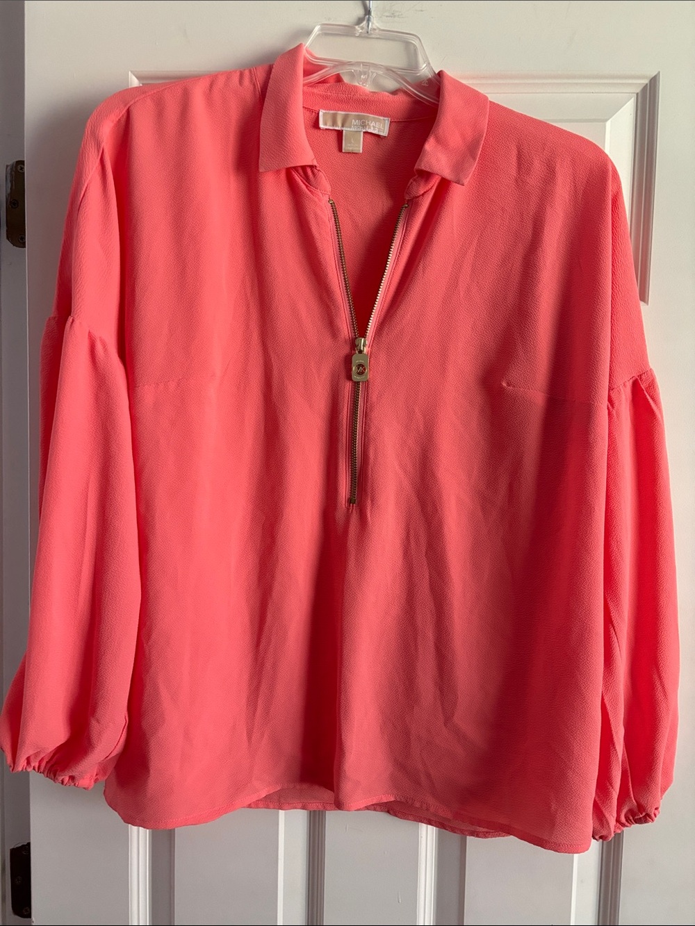 Michael Kors Coral Zip-Front Long-Sleeve Blouse